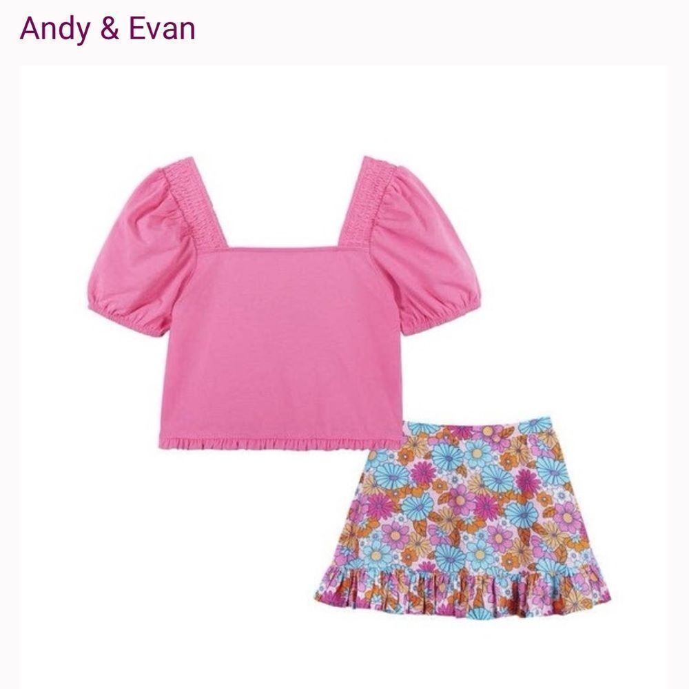 Andy & Evan 2 piece floral skirt and pink smocked top set NWT